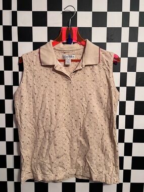 TEHAMA Women's Sleeveless Polo in Light Beige with Subtle Maroon Accents